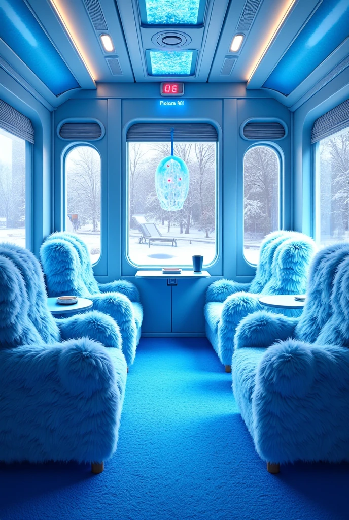  Inside the Frozen train there are several plush armchairs in the shape of a Frozen ,  glass windows ..  The bright blue plush carpet floor  ,  the shiny plush blue walls ,  Everything with details from Frozen , blue and white , I want the Frozen shaped armchairs   