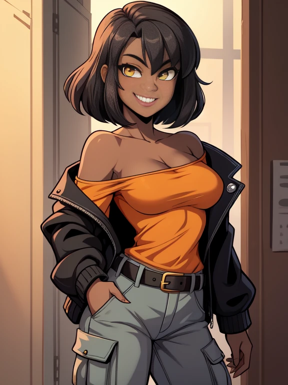 8K, (best quality, masterpiece:1.3), (detailed:1.2), 1girl, solo, ((26 year old, Filipino Woman, tanned bronze skin:1.02, short black hair:1.3, Detailed Amber eyes:1.03, (shiny skin), glossy lips, lipstick, Detailed face, medium breasts, narrow waist, (Wearing: Black Opened Jacket, Strapless Orange tube top, black leather pants, belt:1.2)), (midriff), (agile physique:1.1), (Character Focus),Perfect Anatomy, She's looking at the camera with an thrilled and joyful look on her face, (Smiling, open mouth, teeth),