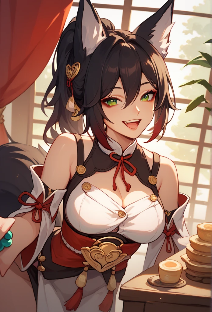 tingyun, Black Hair, fox girl, fox tail, fox, fox ears,  Green Eyes , Narrow, breast, animal ears, Ponytail,, bracelet,  Take a look at , Smile, Excited, moan,  long hair,  sexy positions with your whole body, Bend forward