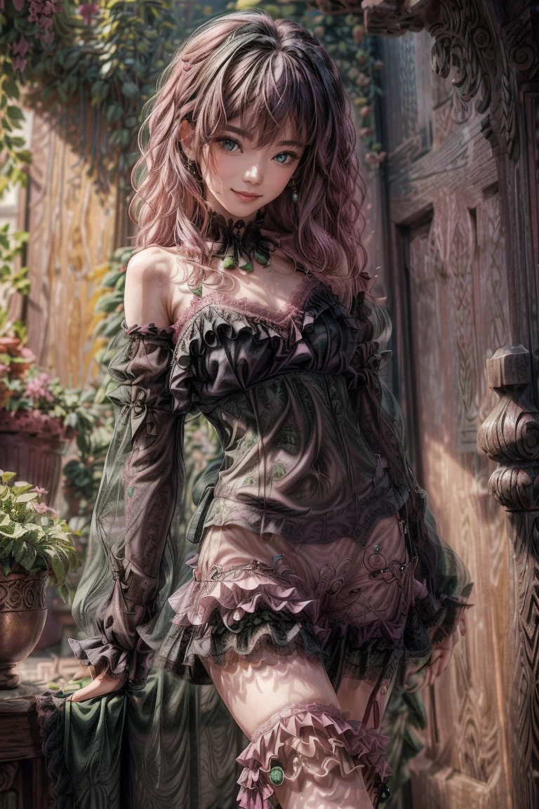 masterpiece, Highly detailed, realistic, Cinematic Lighting, Daylight, beautiful face, beautiful eyes,
 1girl, solo, (16-years-old-magical_girl), (short-pink-wavy-hair and green-eyes:1.5),
 (wearing black-See-through ruffle-and-lace Idol Costumes:1.5) ,(Roman sandals),
 (has a magic stick), (tube top), (Necklace), (Jewelry), (small breasts),
 (pretty face),(Dynamic Angle), (Dynamic Pose),
,(full body), (((tiny breasts:1.5, (slender legs), (Slender thighs)))), 
(pretty face),