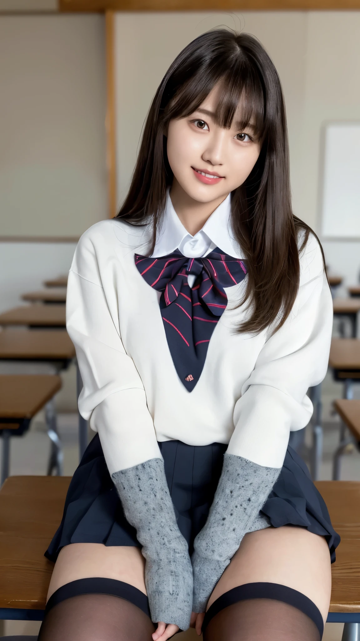 Highest quality, 4K, 8k, High resolution, masterpiece, Genuine, Realistic, Realistic:1.3), (upper body), Girl sitting on the school desk in classroom, blue neckerchief Uniform, Dark Blown Blazer, blown plaid skirt, Gal Makeup, wearing oversize dark sweater amd white collared shirts, dark black leggings, ((straight long hair)), Gold Bracelets, 19-year-old, bangs, grin,Thighs, knees, From below, pinching skirt:0.7, black long socks, open legs:0.8,