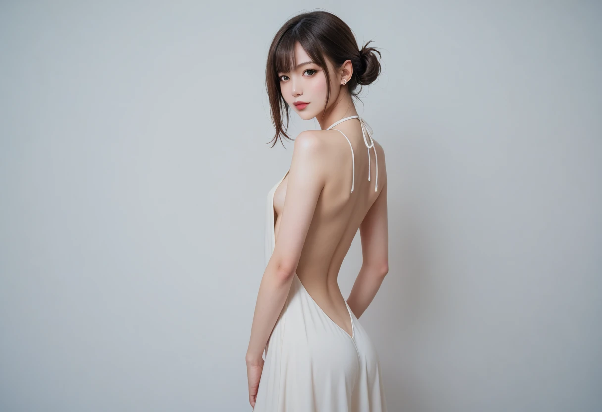 (((Masterpiece, best quality, high resolution, highly detailed CG integrated 8K wallpaper, raw photo, detailed portrait)), (Huge stunning goddess shot, phenomenal beauty, perfect proportions, beautiful body, slim body beauty:1.3), Japanese、( slim belly : 1.2), ( slender and attractive body : 1.22、Feminine physical beauty ), Backless Dress, Multi View,