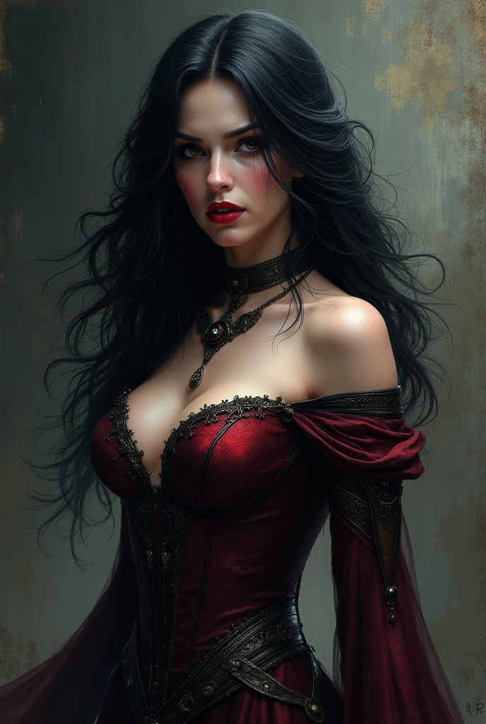 (masterpiece, top quality, best quality, official art, beautiful and aesthetic:1.2), (1girl:1.3), long and curly dark brown hair, ((extravagant updo)), Victorian style, extremely detailed, portrait, looking at viewer, solo, (full body:0.6), detailed background, close up, mischievous eyes, (cold midnight castle theme:1.1), extremely busty vampire, long fangs, blood on chin, huge lips, charlatan, smirk, mysterious, being seductive on a balcony, revealing gothic dress, lace, extremely tight bodice, black attire, red skirts, off shoulder, long sleeves, loose sleeves, black leather, cloak, corset, black dress, fishnets, thigh high black boots, buckles, straps, pouches, glowing blood magic energy, dark red fabric, silver trim, black leather, gigantic breasts, cleavage, skindentation, slim waist, slim hips, long legs, medieval (gothic castle exterior:1.1) background, nighttime, dark mysterious lighting, shadows, magical atmosphere, dutch angle