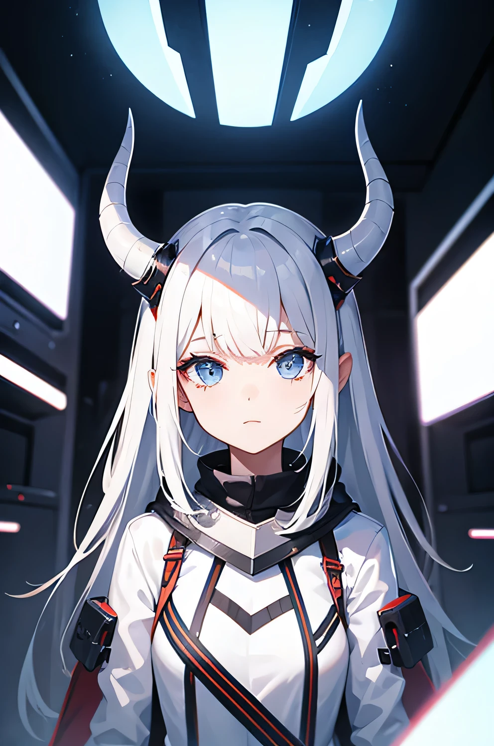 girl best quality, airfield princess, abyssal ship, upper body portrait, looking at viewer, 1girl, constricted pupils, evil smile, colored skin, white skin, horns, hairpods, glowing eyes, red eyes, long hair, white hair, (collar, high collar), medium breasts, bare shoulders, <lora:Airfield Princess:1>, dark skies, storm clouds, highly detailed illustration, promotional art, concept art