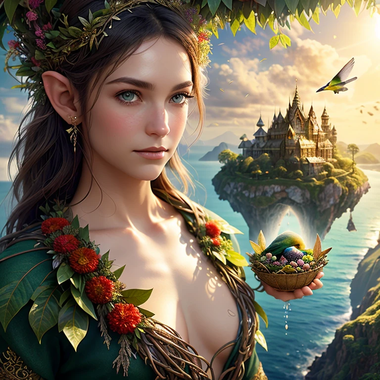    A pretty elven boy  , naked,  big puffy nipples  ,  full length .  On his head there is a wreath of flowers  , dew drops on the wreath,  the sun sparkles in dew drops  !  And on the wreath there is a bird's nest with a beautiful bird ,  Close-up of a surreal elf with sharp ears, illustration , rich color  ,  fantastic  , bright colors ,  fantastic   concept art,  all covered with greenery  , absolutely everything  ,  Island of Nevisenia in the ocean there are , Unhappy savage people live there , they look terrible,  but the good inside  !