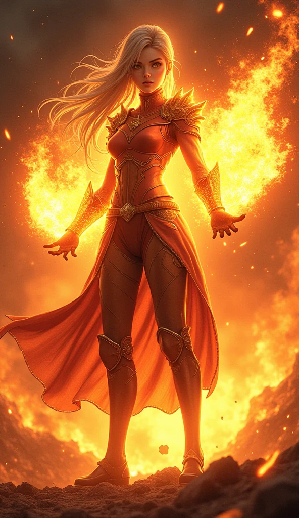 (girl by FireFull:1), curvy, fantasy, cute pose, epic, (fire, fiery hair, glowing), (fire skin, yellow skin:2), (wavy hair, princess, tiara, dress:1.2), day,
(detailed ladscape, garden, flowers:1.2),(detailed background),detailed landscape, (dynamic angle:1.2), (dynamic pose:1.2), (rule of third_composition:1.3), (Line of action:1.2), wide shot, daylight,
(masterpiece:1.2), (best quality, highest quality), (ultra detailed), (8k, 4k, intricate),(full-body-shot), (Cowboy-shot:1.4), (50mm), (highly detailed:1.2),(detailed face:1.2), detailed_eyes,(gradients),(ambient light:1.3),(cinematic composition:1.3),(HDR:1),Accent Lighting,extremely detailed CG unity 8k wallpaper,original, highres,(perfect_anatomy:1.2),
 <lora:FireElement_concept-20:0.6>
