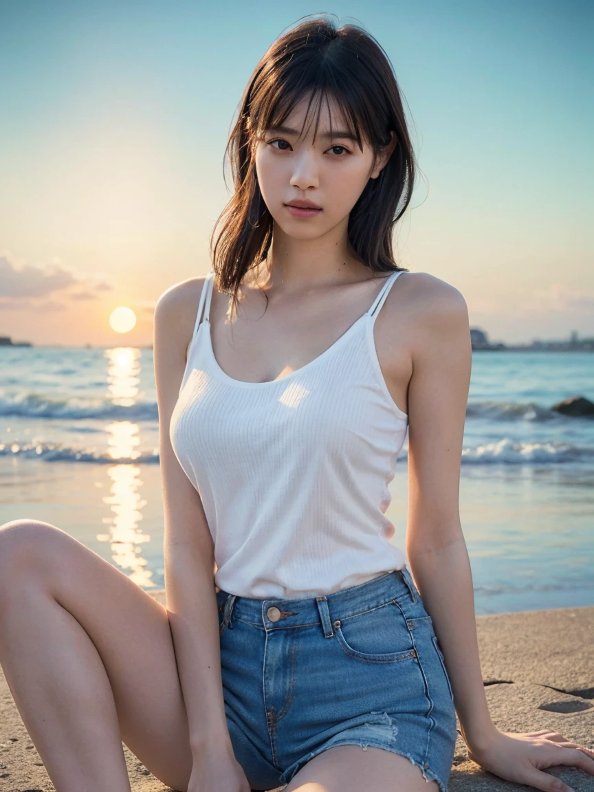masterpiece, Koreans walking on a beach with strong sun (hoog detail:1 1), Mature adults, pretty face,Big Eyes , light skin, s whole body, Leather sandals, Smiling faces, natural skin, Natural Face, White shorts, Yellow T-shirt, highs quality, beautidful eyes, (Detailed face and eyes), Ring earrings, Wearing an Apple Watch, Long hair, High-resolution 8K, Crazy details, Real Pictures, Realistis, professional photograph, foco nítido , Detail skin ,8k UHD, SLR Camera --auto