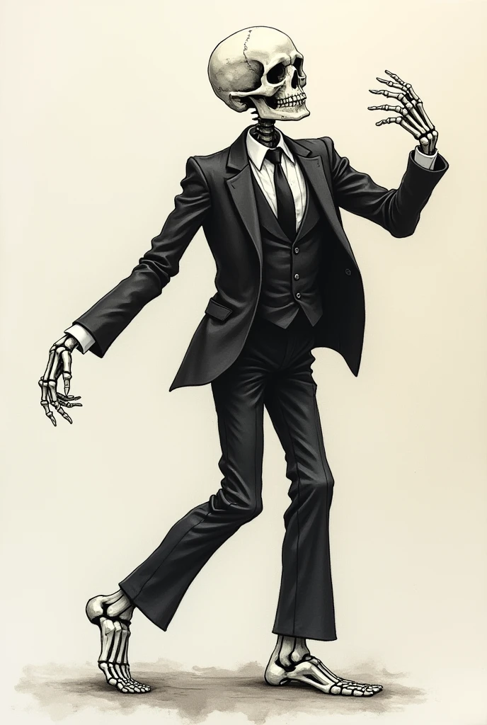 Drawing in white and black background of skeleton with suit and muscled ( minimalist design) smoking a cigar in an arrogant manner