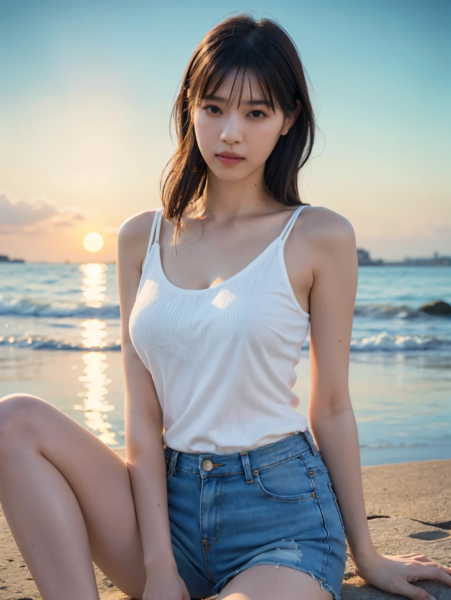 (( 1 girl)), woman, masterpiece, top quality , top quality , cinematic lighting, (Volumetric Lighting), very detailed CG unity 8k wallpaper, Concentrated, 8k wallpaper, very detailed, super real , Photorealistic, Sharp Focus, absurd, ( high res:1.2), ( High Contrast ), photos, Detailed and complex, instagram, portrait, high definition , Digital Painting , Art Station , concept art, smooth, Sharp Focus, illustration, cinematic lighting, ( big breasts:1.3), ((( skinny, Thin legs))), ( Japanese idol pose to close their legs), ( short tank top, sexy denim short mini skirt, Open Shoulder , open chest , clevis on a stone), viewers, ((Indian Pose)), (( medium body shot, Hip Level Shots )), long hair, (( sunset beach)), beautiful eyes