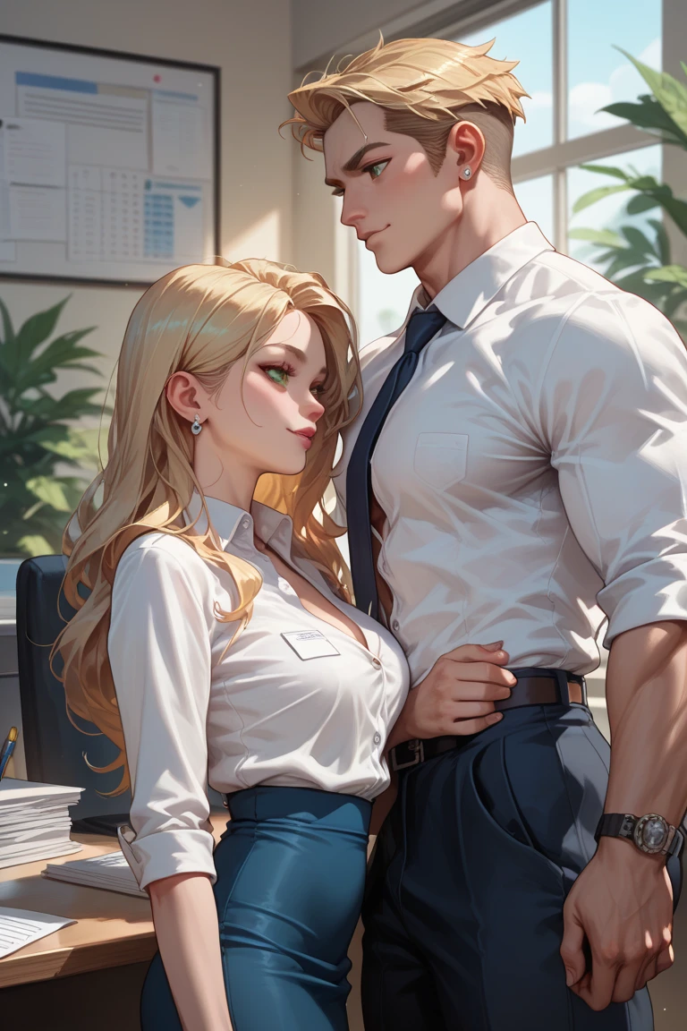 male teacher and his cute girl student, 18yo, blonde hair, wavy hair, dark green eyes, detailed eyes, correct eyes, , big butt, cleavage, 8k, ultra-detailed, masterpiece, at school,
