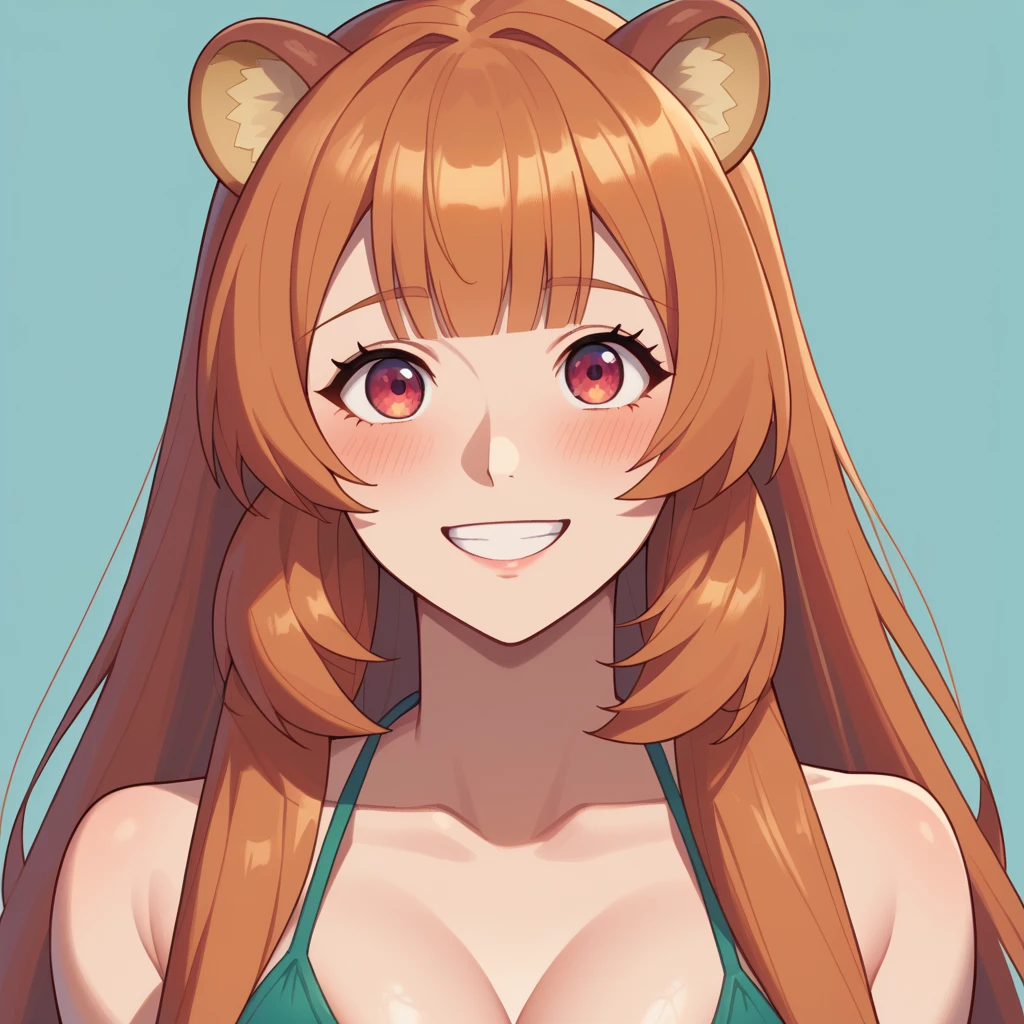 Raphtalia ,Bright orange hair , red eyes like rubíes, bear ears, , big breasts. happy smile, blush, big breasts, bikini magenta con diseño de leopardo , She is walking alone on a playa solitaria. cuerpo mojado.