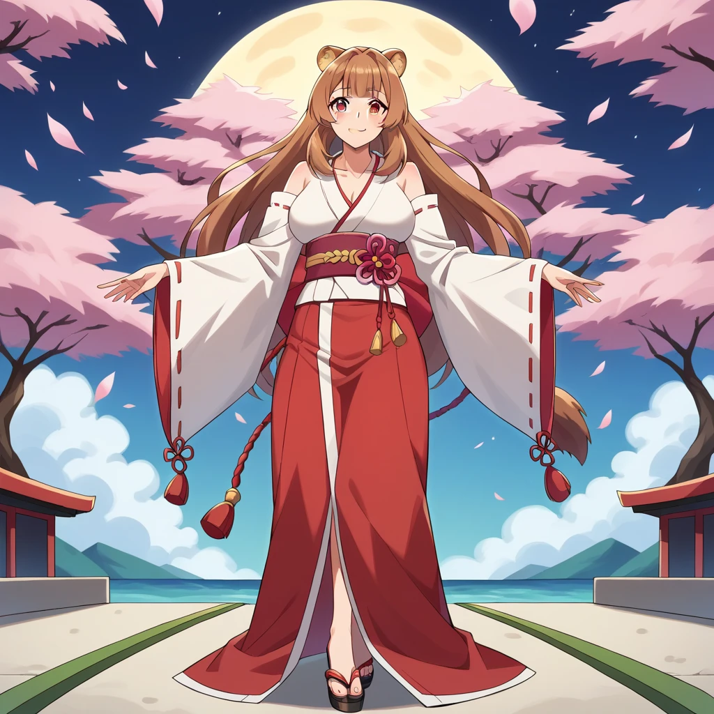 Raphtalia. Beautiful detailed light skinned 21 year old woman. . ojos rojos brillantes. bear ears ,  very large breasts . blush,  beautiful face. happy smile, miko costume.  kimono white top red bottom , pink flower belt, pechos grandes . Japanese Garden Background. neckline.  HIGH QUALITY, masterpiece animal ears, neckline,    Full body . pechos grandes neckline.