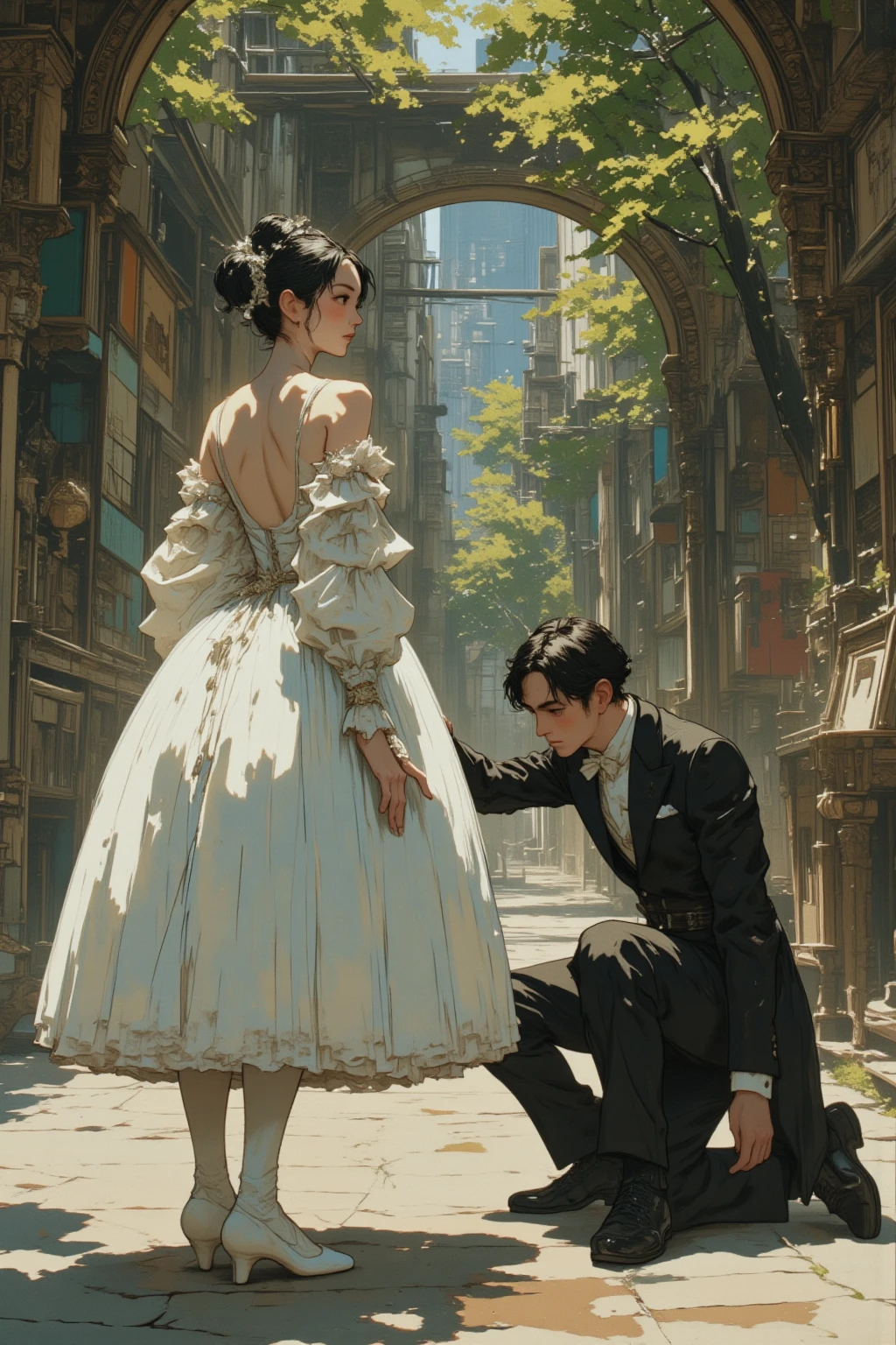  A kneeling man in formal attire is reaching out to a woman in a dress with an open back, Artist Unknown,  Closeups of Film Scenes ,  white tutu and prima ballerina in a white dress , A very famous photo, Still Image,  Still  , By Bella Condor, A man reaches out to a woman in a dress , shooting , Grainy image,  disposable camera photo , Low-quality photos,  disposable camera photo graph, Still Image of granular film, Still Image of granular film,   widescreen film  , very Grainy image,  VERY BAD QUALITY PHOTO  ,Early 2000s photo 