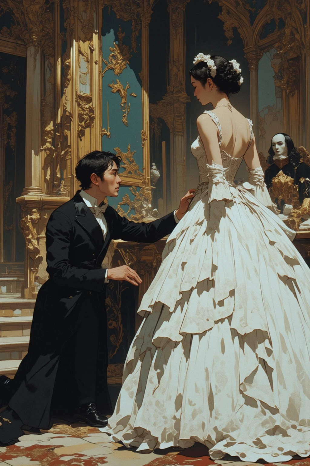  A kneeling man in formal attire is reaching out to a woman in a dress with an open back, Artist Unknown,  Closeups of Film Scenes ,  white tutu and prima ballerina in a white dress , A very famous photo, Still Image,  Still  , By Bella Condor, A man reaches out to a woman in a dress , shooting , Grainy image,  disposable camera photo , Low-quality photos,  disposable camera photo graph, Still Image of granular film, Still Image of granular film,   widescreen film  , very Grainy image,  VERY BAD QUALITY PHOTO  ,Early 2000s photo 