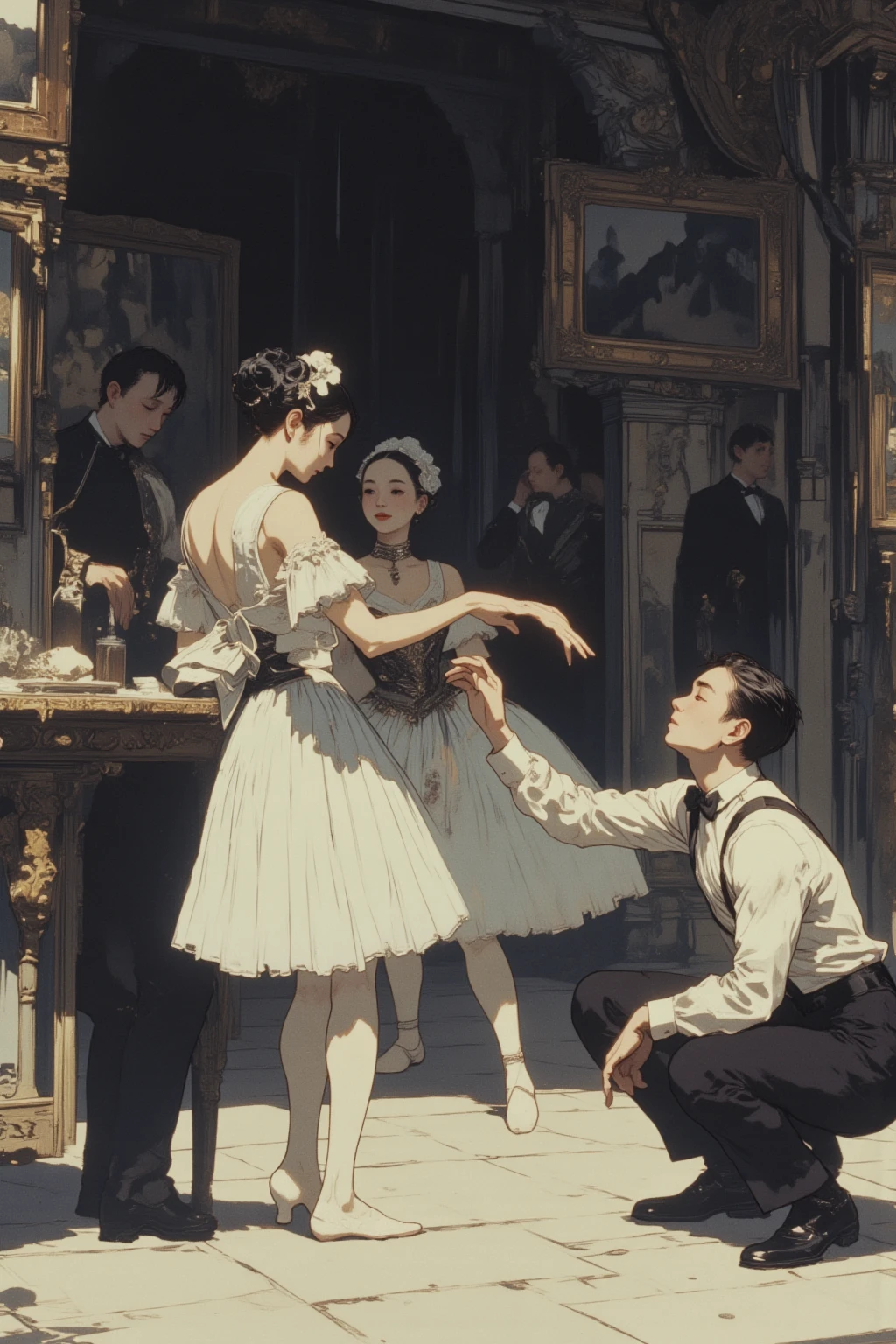  A kneeling man in formal attire is reaching out to a woman in a dress with an open back, Artist Unknown,  Closeups of Film Scenes ,  white tutu and prima ballerina in a white dress , A very famous photo, Still Image,  Still  , By Bella Condor, A man reaches out to a woman in a dress , shooting , Grainy image,  disposable camera photo , Low-quality photos,  disposable camera photo graph, Still Image of granular film, Still Image of granular film,   widescreen film  , very Grainy image,  VERY BAD QUALITY PHOTO  ,Early 2000s photo 