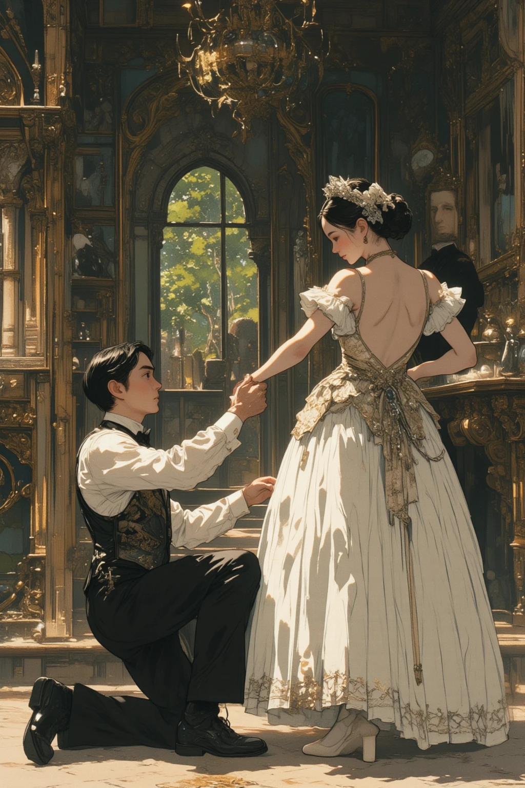  A kneeling man in formal attire is reaching out to a woman in a dress with an open back, Artist Unknown,  Closeups of Film Scenes ,  white tutu and prima ballerina in a white dress , A very famous photo, Still Image,  Still  , By Bella Condor, A man reaches out to a woman in a dress , shooting , Grainy image,  disposable camera photo , Low-quality photos,  disposable camera photo graph, Still Image of granular film, Still Image of granular film,   widescreen film  , very Grainy image,  VERY BAD QUALITY PHOTO  ,Early 2000s photo 