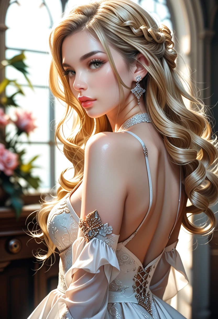((Masterpiece)), ((Best Quality)), (Very Detailed), ((Very Detailed)), 4K, (8K), very aesthetic, absurdres highres, 1 female, mature female, perfect anatomy, dress, solo, blonde hair, red eyes, hair ornament, jewelry, earrings, black dress, hair flower, flower, looking back, looking at viewer, breasts, from behind, braid, blue flower, back, grey background, bare shoulders, simple background, sidelocks, detached sleeves, bow, gloves, medium breasts, elbow gloves, hair bun, backless outfit, black bow, necklace, backless dress, closed mouth, rose, single hair bun, shoulder blades, strapless dress, upper body