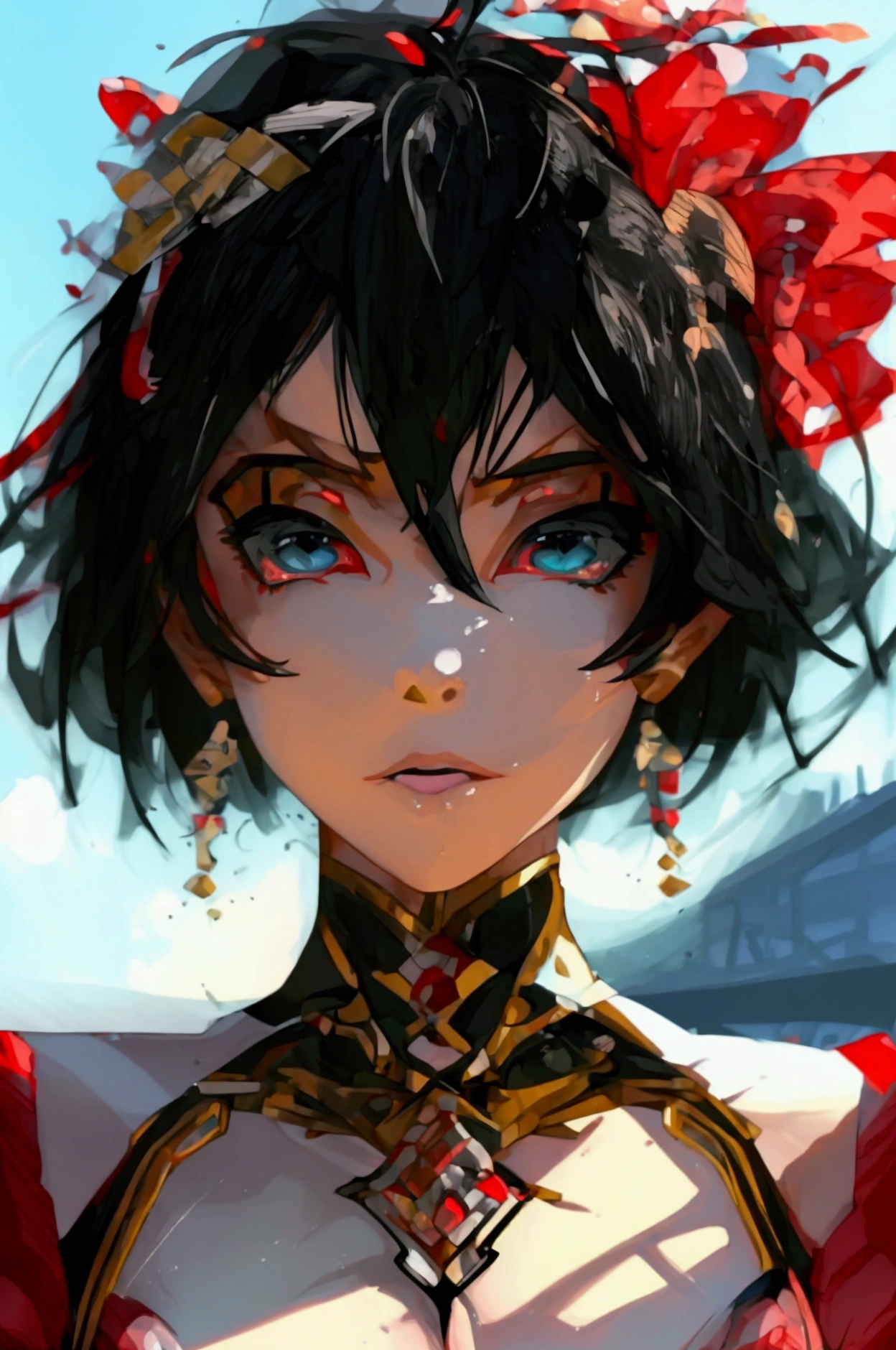 ((( Kitasan black ))),((( black hair)))、((( short hair)))、(((Red and black outfit)))、(Glare with sharp eyes)、(((HYPER Breast))),((( blue sky)))、(((Racecourse)))、(Best lighting)、{{{  be careful }}}、{{{masterpiece}}}, {{{ top quality }}}, {{ultra-  Details}}, {{shape}}, {{{ is very delicate and beautiful}}},{{extremely   Details CG}}、{{ Unity 8k Portrait}}、{{Fabric Shading}}、{{super   Details skin}}、{{ Perfect Anatomy}}、{{  Details}}、{{Dynamic Lighting}}、{{{beautiful   Details eyes}}}、{{{beautiful   Details Face}}}、(  perfect legs )、( Perfect Breasts )、(Perfect pose)、( perfect body)