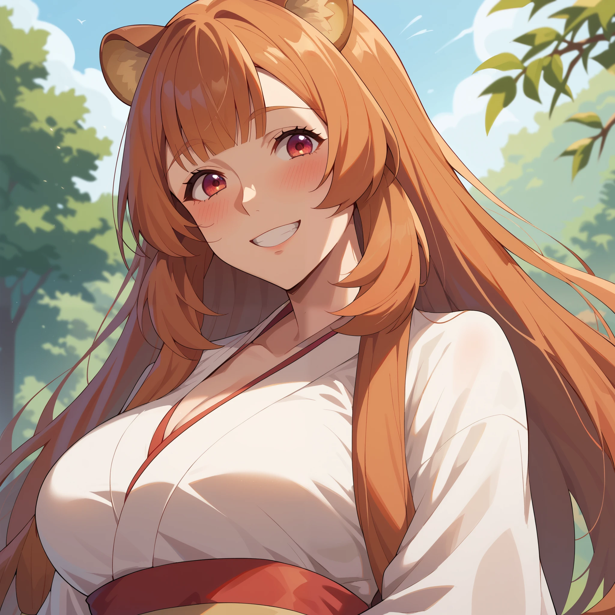 Raphtalia ,Bright orange hair , red eyes like rubíes, bear ears, , big breasts. happy smile, blush, big breasts,  miko costume. kimono white top red bottom , fondo unas montañas. cuerpo completo.