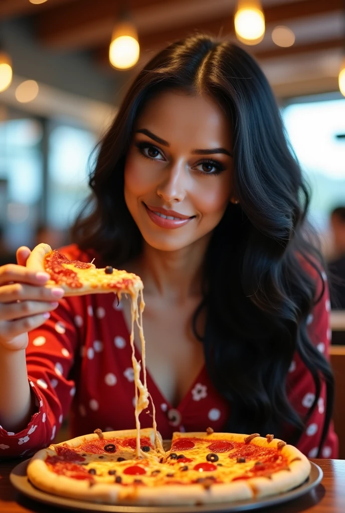 1girl, solo, looking at viewer, smile, black hair, holding, food, indoors, nail polish, mole, black eyes, cup, floral print, plate, drinking glass, bowl, realistic, wine glass, noodles, pasta, spaghetti  <lora:saigetoohey_xl:1>