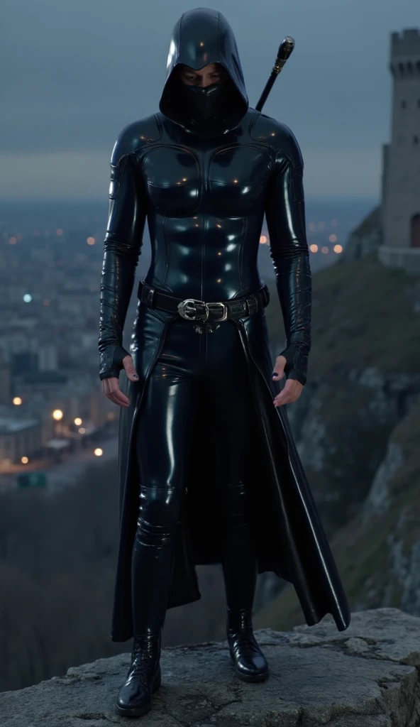  full-height image of a muscular adult male. 、 face mask and hood , . hooded man in invisible armor  .  wears leather armor , tights. epic ninja suit , scoundrel.leather suit,  covering the whole body .  smooth skin . teenage boy assassin  ,  stealth suit  ,  Assassin from Another World  ,  stands on the roof of the castle . . black night .  Dark atmosphere  . in dim light . Faint light casts dramatic shadows .  Strange Underworld atmosphere  . Another City . .Whole Body Image. portable composite mechanical giant bow . full-length photo .fantasy. tactical gear 
