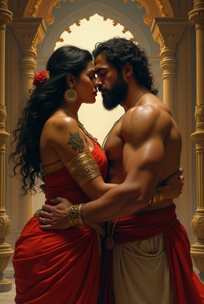 Create a realistic photograph of a smiling and beautiful indian actress in red satin carrying a large stout man on her shoulders in a room, man is sitting on top of her shoulders , man on top, woman standing at bottom , she is wearing black gloves 