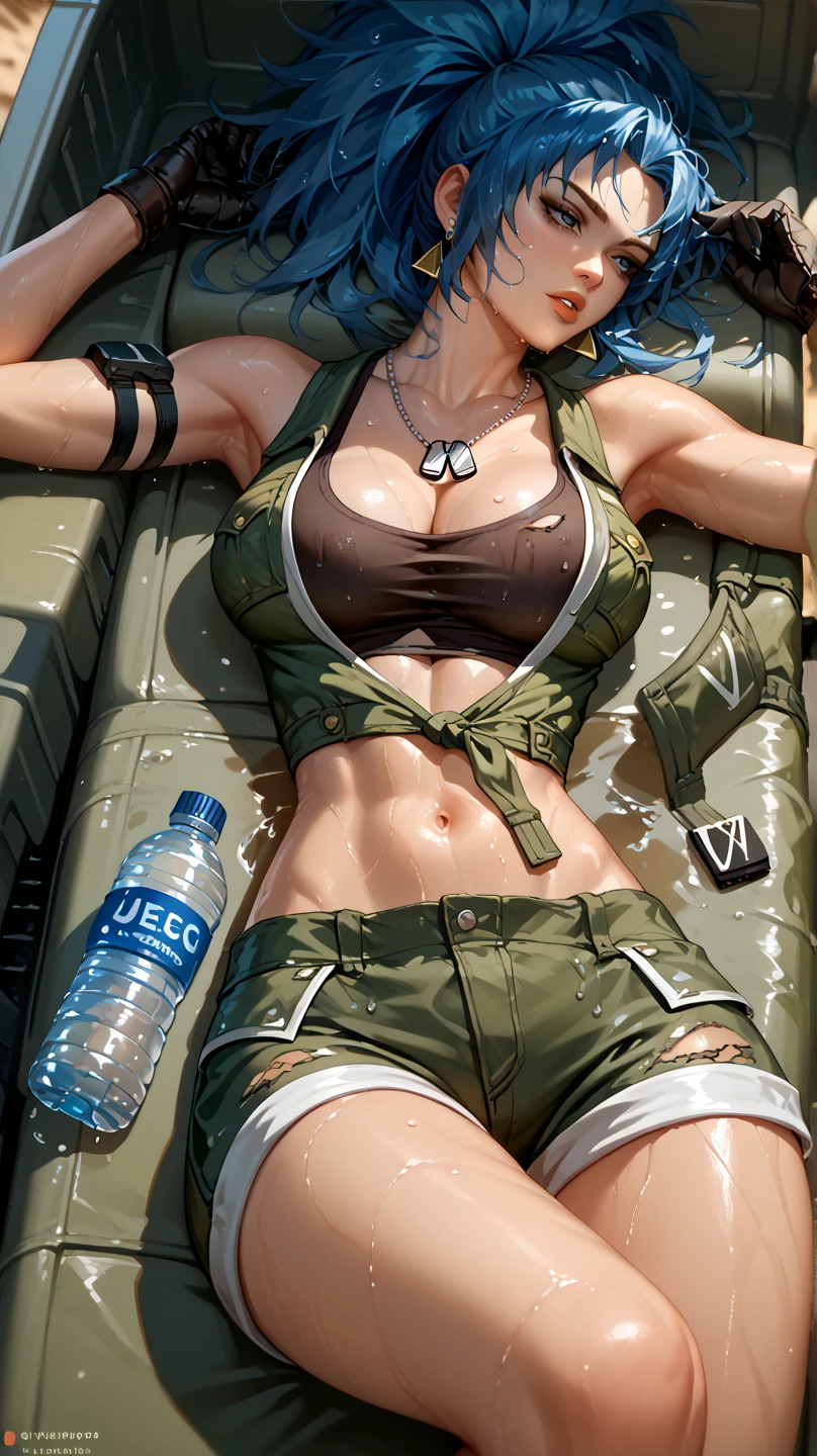 Sexy leona heidern, Dark blue hair , triangle earrings, condog tags, on a wasteland, pose sexy, lying in a jeep , sweating, in unbuttoned military shorts, getting wet with a water bottle, damaged clothes, open legs,