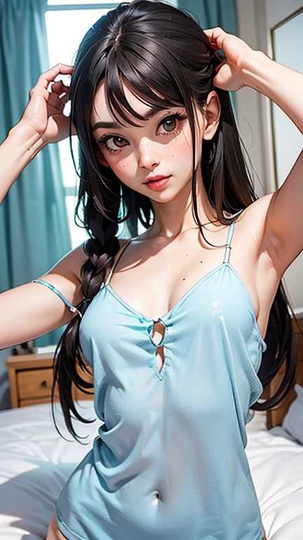 1 female,Black Hair,(()),(((Blue shiny shorts)))((Sexy black micro bikini))(((blush、Open your mouth)),(((Yuki Mikan))),(((White See-Through Tank Top)))(Girl's body type)(((Small breasts)))Sexy pose