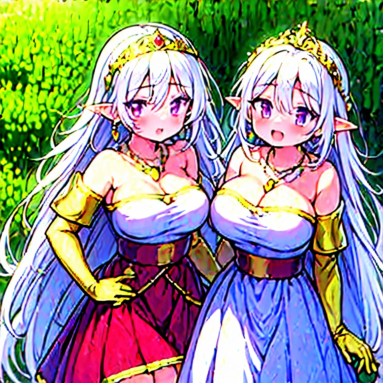 masterpiece, best quality, beautiful, 1girl, solo, elf girl, white hair, long hair, white hair, purple eyes, earrings, busty, red dress, princess, tiara, necklace