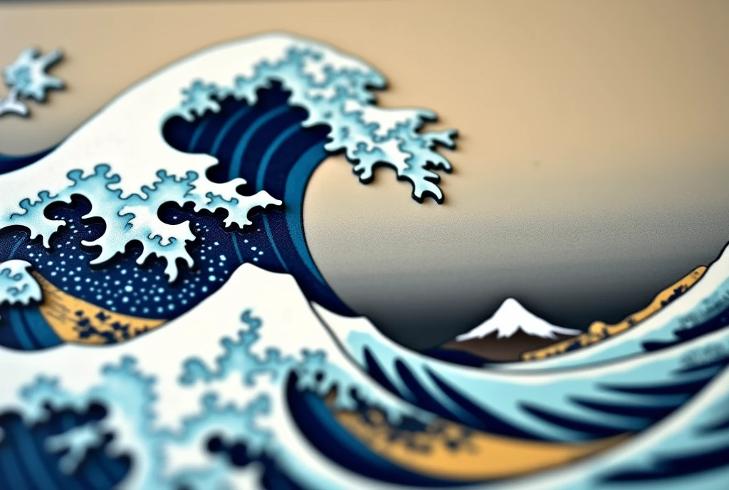 Close up of a puzzle board with a picture of waves, great wave of hokusai, ,  inspired by Katsushika Hokusai by uploading a picture of waves ,  inspiration by Hokusai Utamaro, the great wave off kanagawa, great wave off kanagawa,  detailed ocean , great wave, Hokusai style, Puzzle Art 