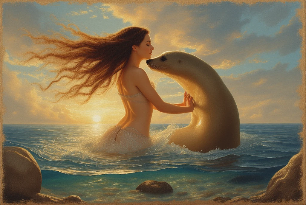 A beautiful oil painting capturing the Sabian Symbol for Aries 1 degree: "A woman rising from the water, embraced by a seal." The scene is set in a serene and mystical coastal environment. The woman is graceful and strong, emerging from the clear, shimmering water, her long, flowing hair cascading around her as she rises. The seal, with its smooth, glistening fur, affectionately wraps its flippers around her, creating a sense of connection and tenderness. The setting sun casts a warm golden glow over the scene, highlighting the delicate balance of nature and the bond between the two beings. The oil painting should have rich textures, soft brush strokes, and a dreamlike quality, evoking emotions of renewal, unity, and peaceful harmony. The colors should be warm, with shades of blue for the water, soft earth tones for the sand, and golden hues for the sunlight.