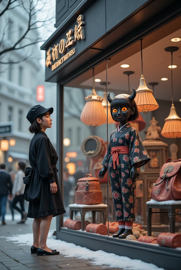 ultra-realistic, photorealistic, dramatic scene, shadow, global-illumination, solo, (20 years old beautiful Japanese girl), very beautiful fragile Japanese girl, very beautiful with very cute face, (Department store clerk, detailed face skin texture), (wearing a clerk's uniform with frills), hat, simple black pumps, She is in a show window facing the street and dressing a large cute anime-devil mannequin, a cute devil mannequin\(dark black devil, very cute, big eyes, large circle eyes, black skin, evil smile, orange eyes, vivid orange eyes, dark black skin, looking down, wearing Japanese traditional kimono\(big, long, Tattered\), full body\), there are trendy bags and Japanese traditional antique furnishings are displayed in the display window, Shoppers passing by on the street, in winter, snowing