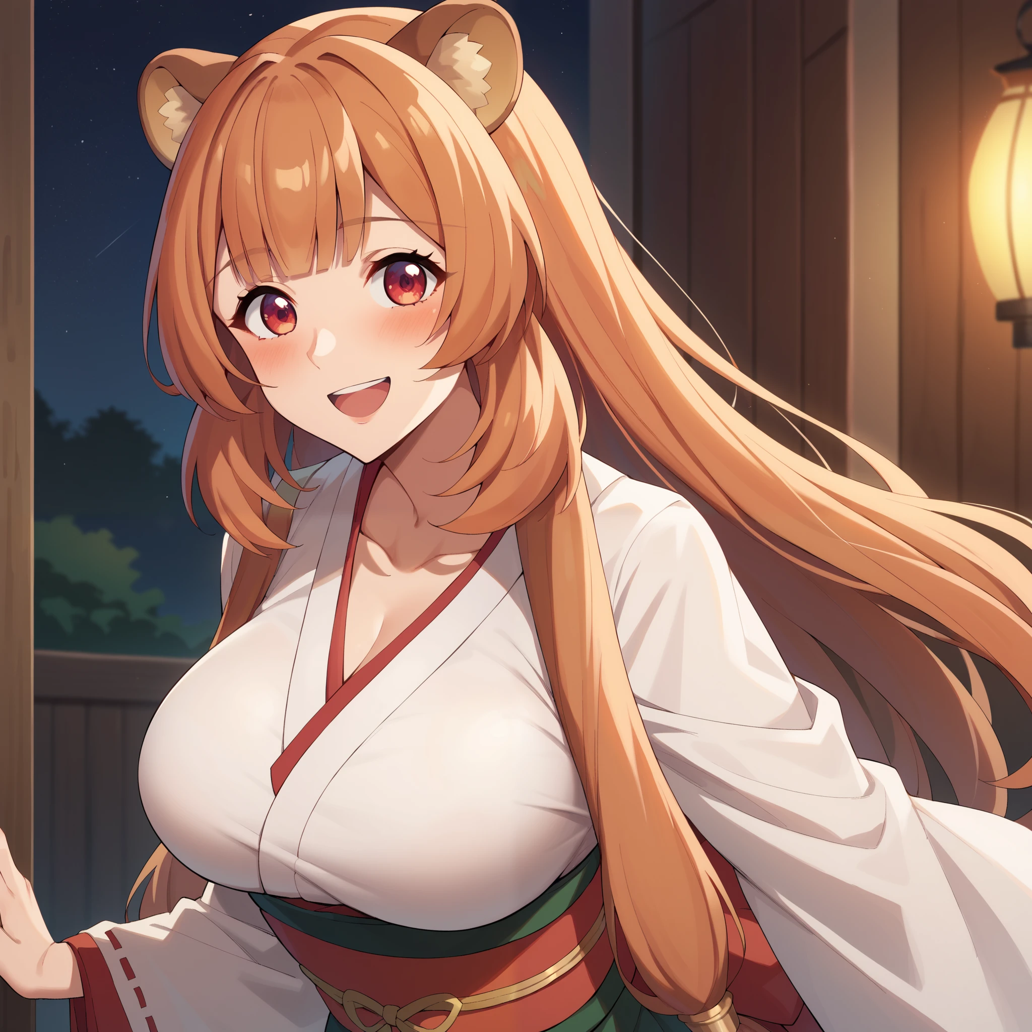 Raphtalia ,Bright orange hair , red eyes like rubíes, bear ears, , big breasts. happy smile, blush, big breasts,  miko costume. kimono white top red bottom , fondo unas montañas. cuerpo completo.