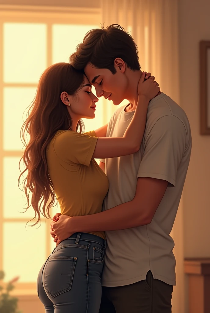 (best quality,4k,8k,highres,masterpiece:1.2),ultra-detailed,(realistic,photorealistic,photo-realistic:1.37), A tall large man with dark brown hair, hugs and kisses woman on the forehead, human interaction, lovers in embrace, genuine love,pink-haired woman,black skirt,light pink blouse, romantic atmosphere,emotional connection,sweet moment,soft lighting,vivid colors