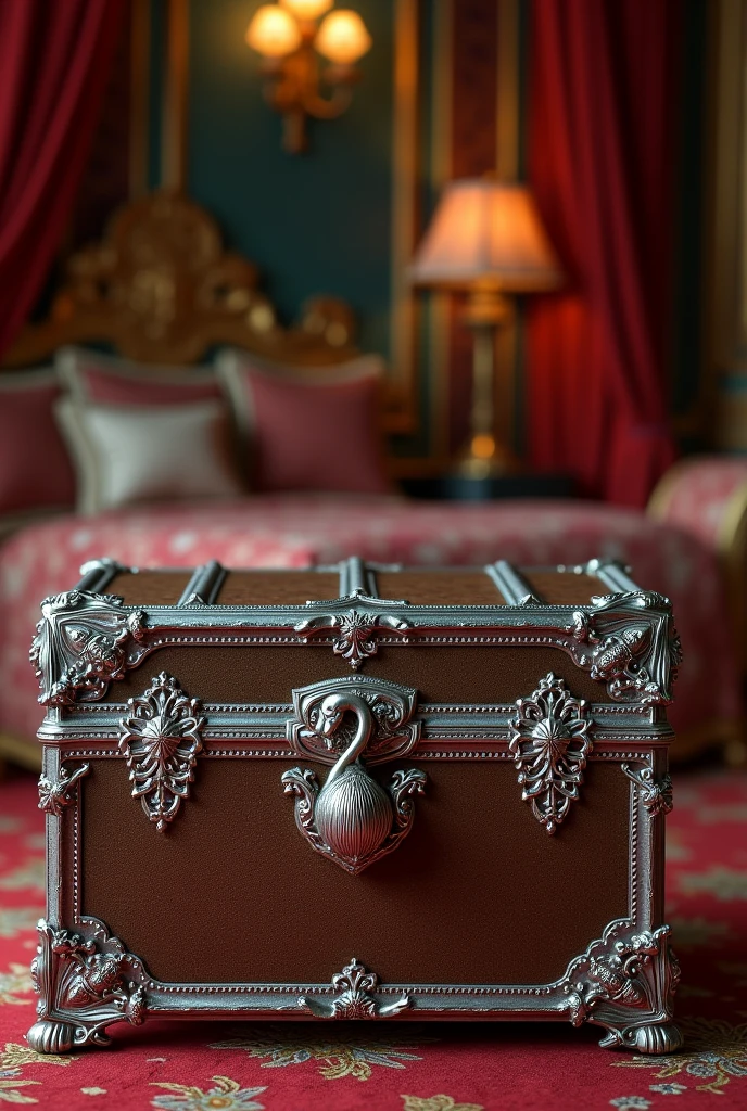 Trunk with silver edges and swan-shaped lock,  artistical, best quality, high resolution, masterpiece. royal bedroom backgground. DON’T PUT ANY PERSON IN IMAGE! NO HUMAN, NO PEOPLE, NO PERSON.