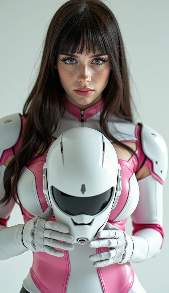 (photorealism:1.2), a curvy brunette woman with cat-like eyes wearing a white and pink robot costume, holding the helmet-mask in her gloved hands