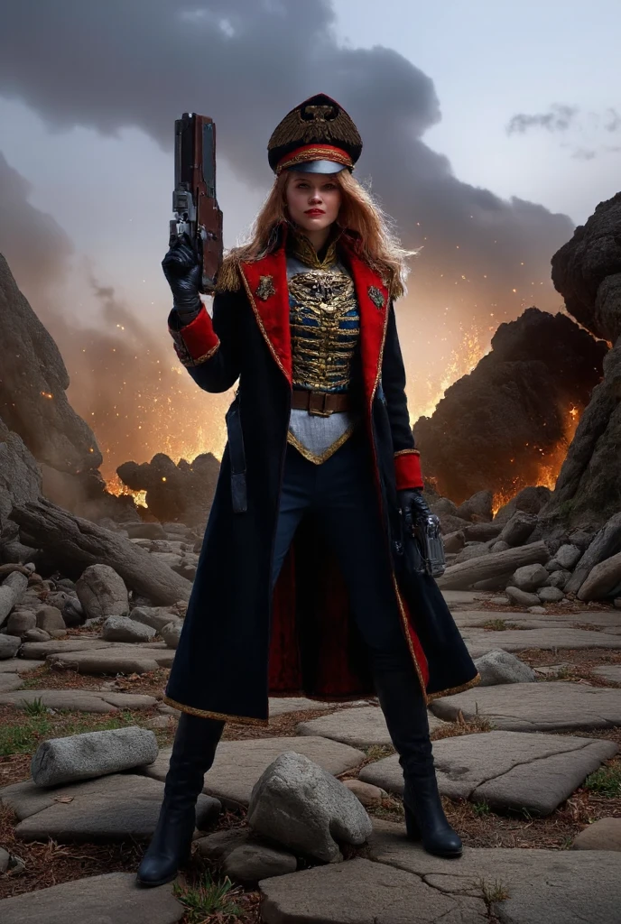 warhammer 40k, commissar girl, right hand holds pistol, walking in battlefield