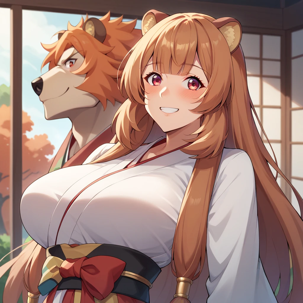 Raphtalia ,Bright orange hair , red eyes like rubíes, bear ears, , big breasts. happy smile, blush, big breasts,  miko costume. kimono white top red bottom , fondo unas montañas. cuerpo completo.