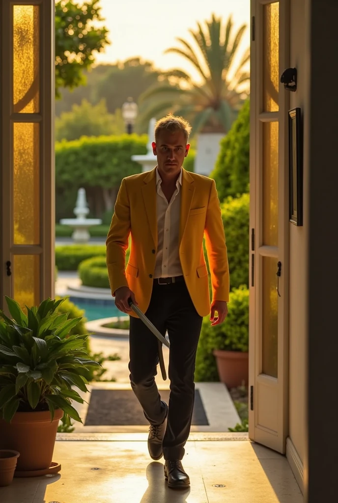 rico in a yellow suit and black slacks as an assassin creeping through a fancy garden with his samurai sword, cinematic action, dramatic sunrise lighting