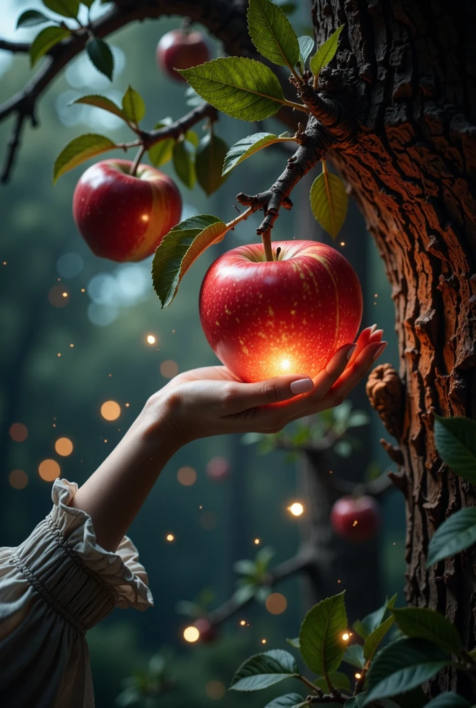 a female arm reaching out to touch an apple to a tall tree. On the female arm there are no sleeves of clothing.  The light is focused on the fruit, which emanates a seductive glow, while the background is blurred, suggesting a magical and mysterious ambience.