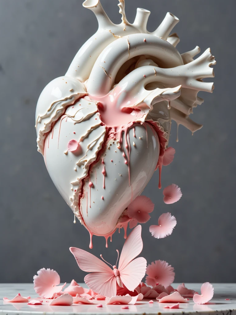  minimalism, Strange Art,  A porcelain sculpture with a golden texture depicts a porcelain sculpture with a light pink porcelain stylized heart,  The porcelain heart sculpture was damaged and cracked ,  The fragments fell from the porcelain heart sculpture ,  A light blue transparent liquid flowing out of the cracks in the porcelain , Liquid drips on a ,  shards of porcelain fell off the sculpture , and turned into a gentle pink porcelain butterfly below ,  showing the process of turning the porcelain into a butterfly ,  Surrealism,  neutral grey background ,There are cracks  