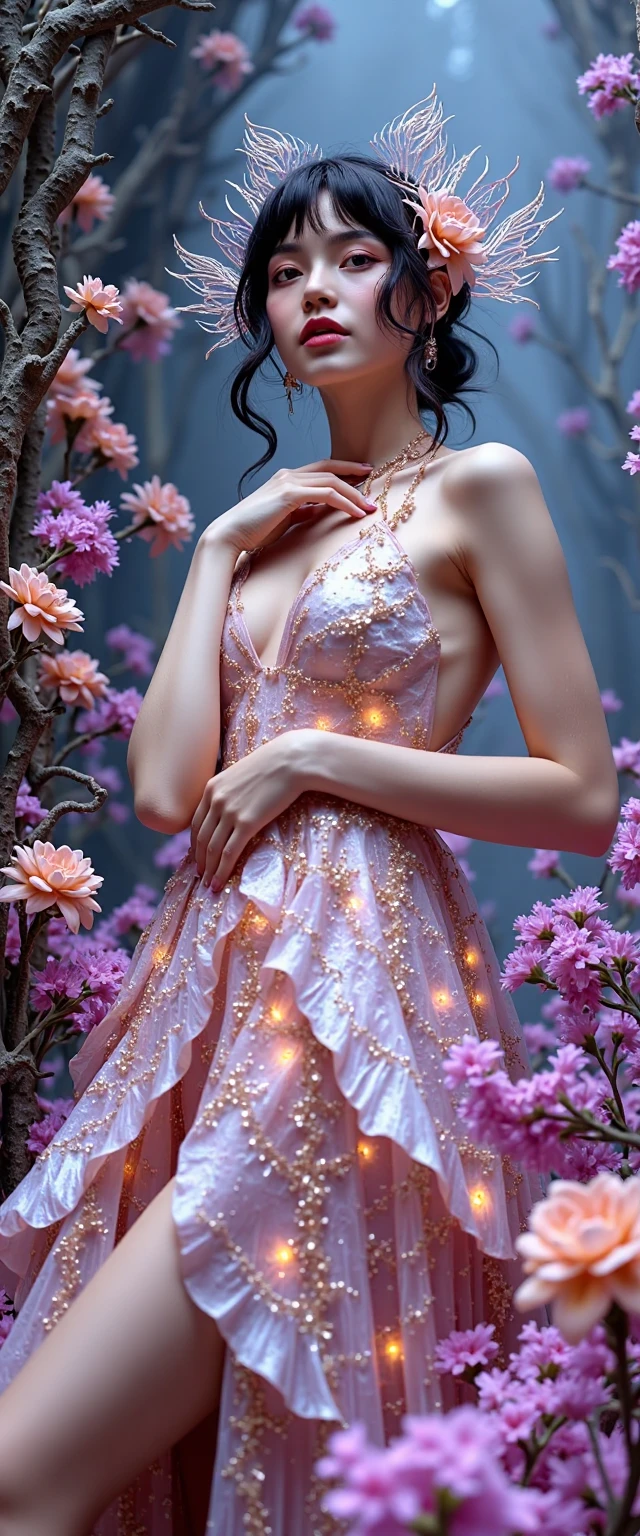 In the ethereal glow of twin moons, a spectacle of rainbow light shimmers upon vibrant peony flowers, uniting nature and magic. Amidst this enchanting landscape, a vision of ethereal beauty stands – a girl of astonishing grace. Adorned in a mini dress punctuated by a chic zipper, her brown tresses cascade softly over her shoulders, intertwining with the soft moonlight filtering from the celestial selenites above – one scarlet, the other sapphire. The surrounding forest, alive with the dance of fireflies, embraces an air of pure, bewitching magic. Her gaze, directed directly at the