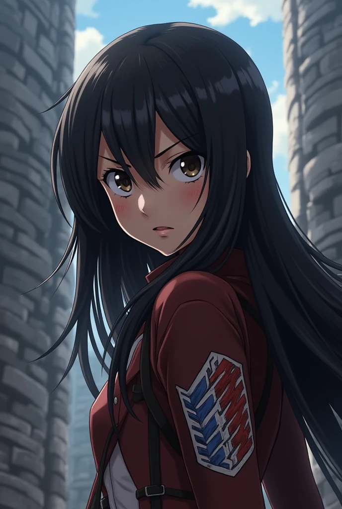 Black-haired girl in the style of the anime Atack on Titan 