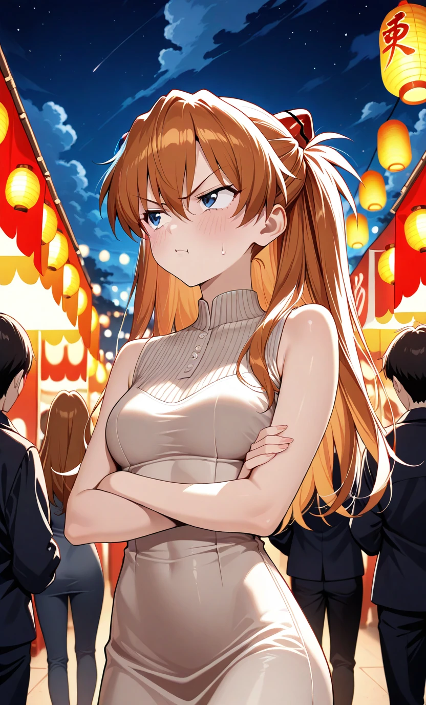 1girl, Asuka Langley Sohryu, (tsundere:1.66), dongtan dress, night, festival, looking to the sky, soft light, realistic light, sexy dress, best quality, studio artwork, rabbit clouds, low contrast, sleeveless, cloud, crowded place, crossed arm, holding object, blurry background, soft bokeh:1.3,pixiv:1.5