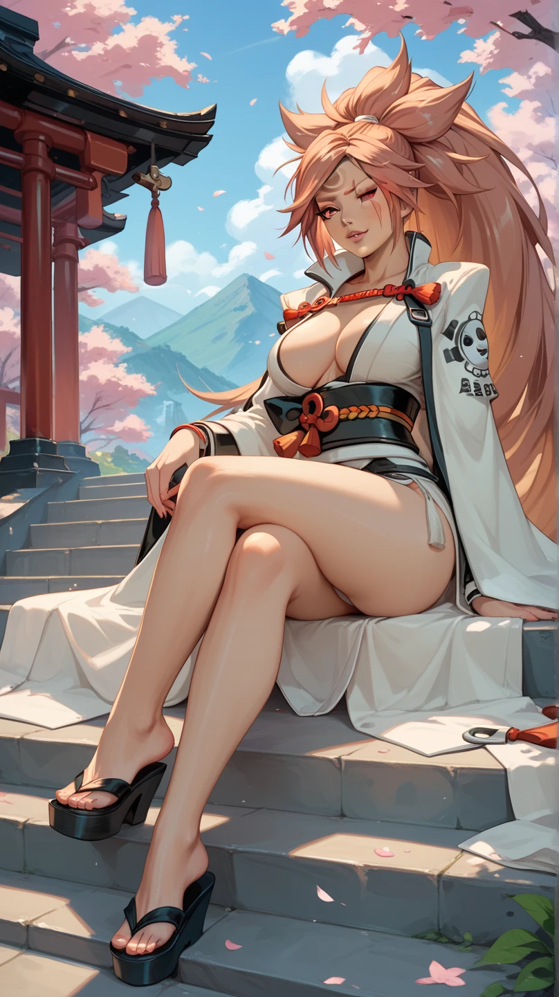  Sexy Baiken from Guilty Gear, In a Japanese castle ,  sitting on a staircase, 