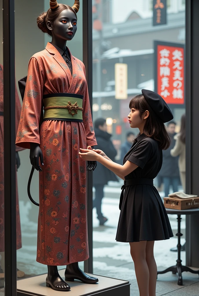 ultra-realistic, photorealistic, dramatic scene, shadow, global-illumination, solo, (20 years old beautiful Japanese girl), very beautiful fragile Japanese girl, very beautiful with very cute face, (Department store clerk, detailed face skin texture), (wearing a clerk's uniform with frills), hat, simple black pumps, She is in a show window facing the street and dressing a large cute anime-devil mannequin, a cute devil mannequin\(dark black devil, very cute, big eyes, large circle eyes, black skin, evil smile, orange eyes, vivid orange eyes, dark black skin, looking down, wearing Japanese traditional kimono\(big, long, Tattered\), full body\), there are Japanese traditional kimonos and Japanese traditional antique furnishings are displayed in the display window, Shoppers passing by on the street, in winter, snowing