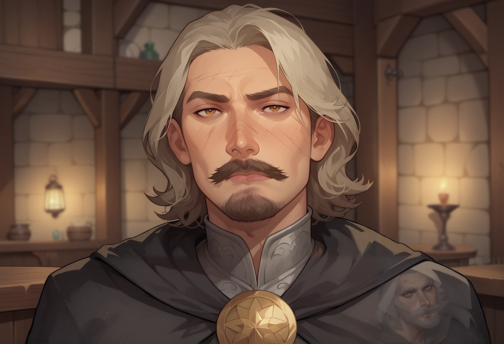 (((beautiful, high quality, comics style, detailed face))), score_9, score_8_up, score_7_up, BREAK, human, old, mature man, winkles, european appearance, mustache, beard, medium hair, straight hair, mage, dirty robes, mage robes, black cloak, solo:1.4, portrait, upper body, portrait, looking at the viewer, front view, serious face, tired look, tavern, fantasy, blurred background, (dynamic lighting:1.1) ((masterpiece)), Expressiveh, detailx