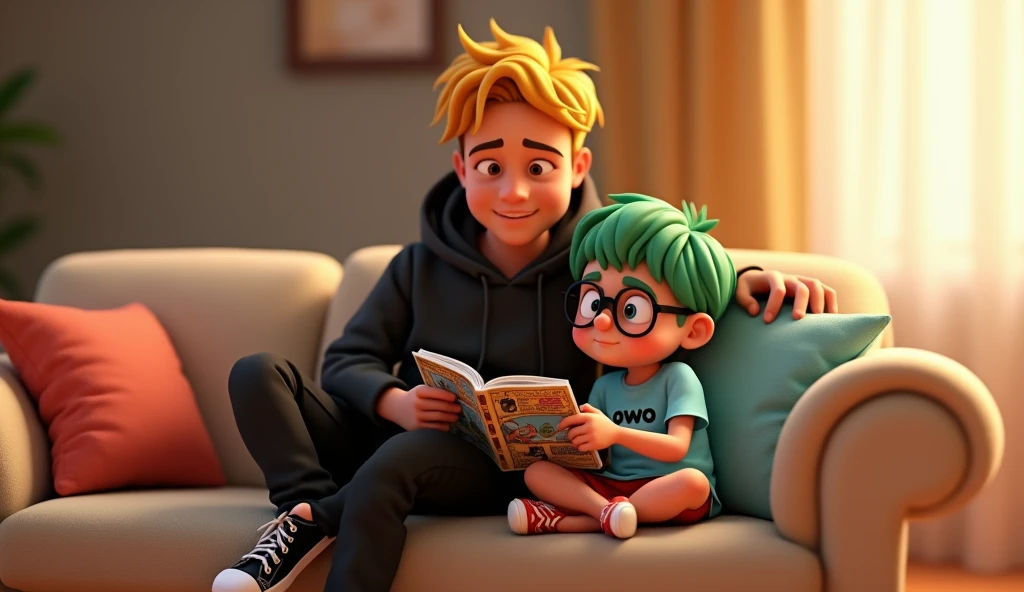 2 handsome young boys of 10 years old with short hair, wearing graphic hoodies, sitting on the floor in front of a big book, cartoon style, 8K. fond grenier de maison