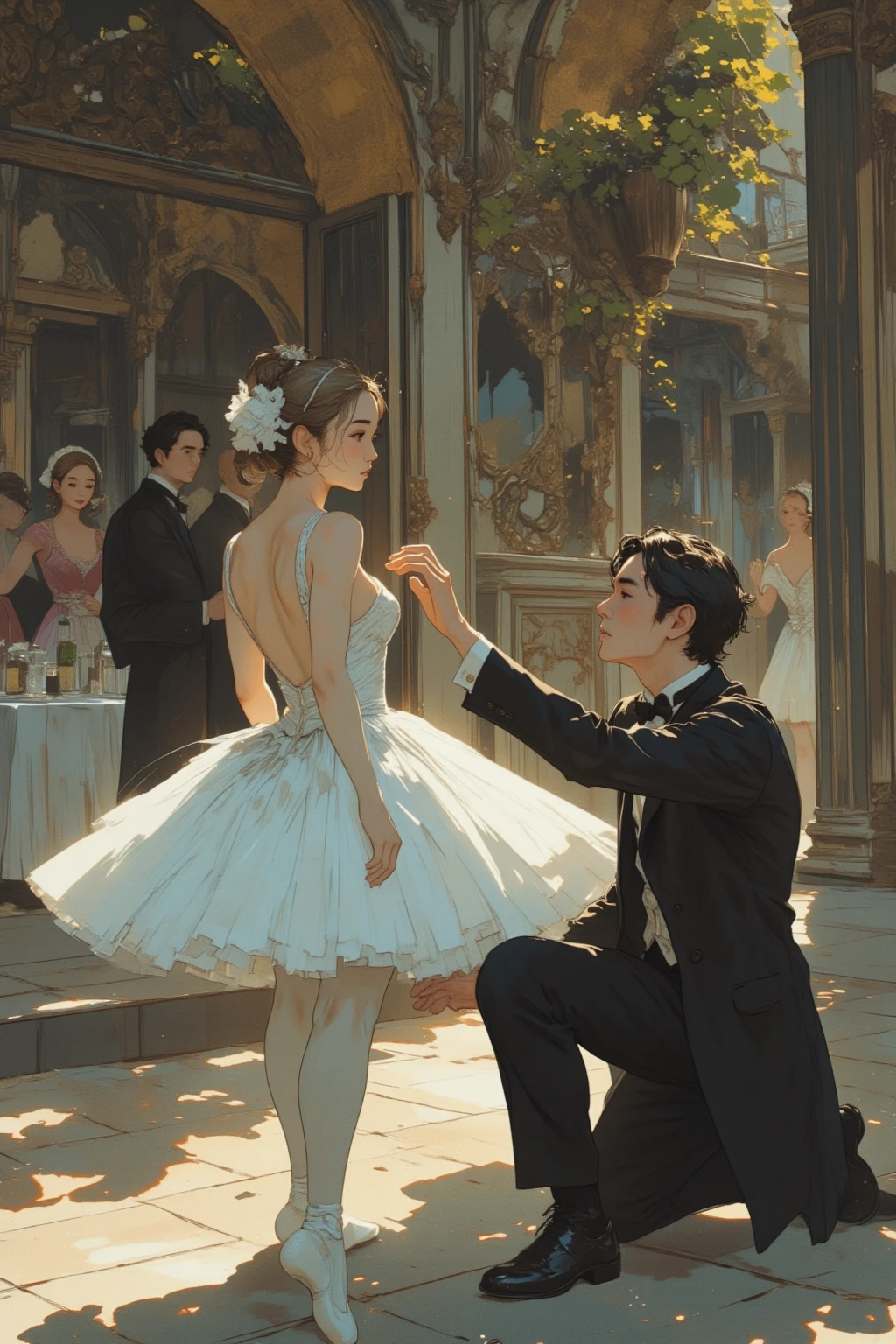  A kneeling man in formal attire is reaching out to a woman in a dress with an open back, Artist Unknown,  Closeups of Film Scenes ,  white tutu and prima ballerina in a white dress , A very famous photo, Still Image,  Still  , By Bella Condor, A man reaches out to a woman in a dress , shooting , Grainy image,  disposable camera photo , Low-quality photos,  disposable camera photo graph, Still Image of granular film, Still Image of granular film,   widescreen film  , very Grainy image,  VERY BAD QUALITY PHOTO  ,Early 2000s photo 