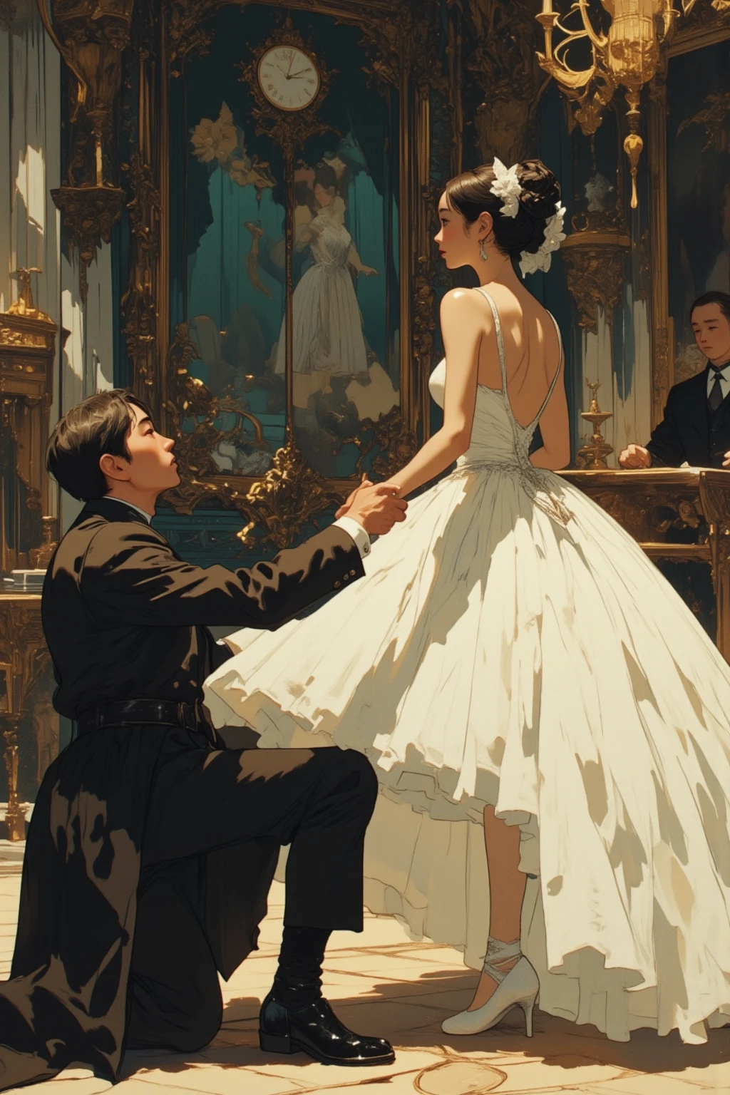  A kneeling man in formal attire is reaching out to a woman in a dress with an open back, Artist Unknown,  Closeups of Film Scenes ,  white tutu and prima ballerina in a white dress , A very famous photo, Still Image,  Still  , By Bella Condor, A man reaches out to a woman in a dress , shooting , Grainy image,  disposable camera photo , Low-quality photos,  disposable camera photo graph, Still Image of granular film, Still Image of granular film,   widescreen film  , very Grainy image,  VERY BAD QUALITY PHOTO  ,Early 2000s photo 